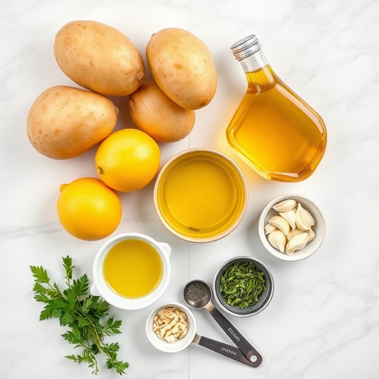 Raw potatoes, garlic cloves, lemons, olive oil, and fresh herbs arranged in bowls on a white marble surface with measuring spoons
