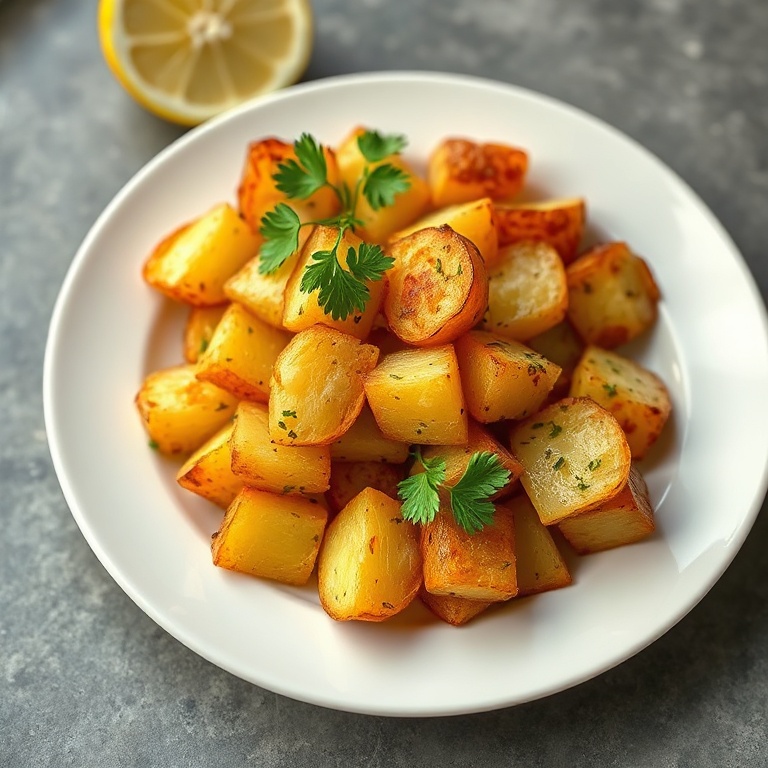 One serving of crispy Greek lemon potatoes garnished with fresh parsley on a white ceramic plate, close up