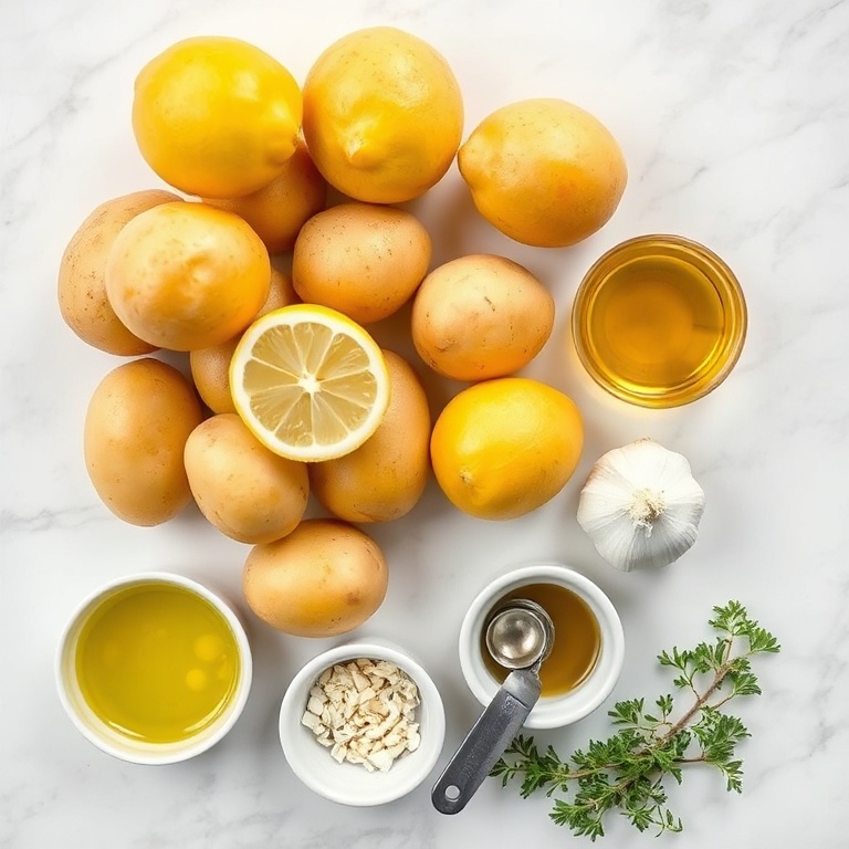 Overhead flat lay of raw potatoes, lemons, garlic, olive oil, and fresh herbs with measuring spoons on white marble