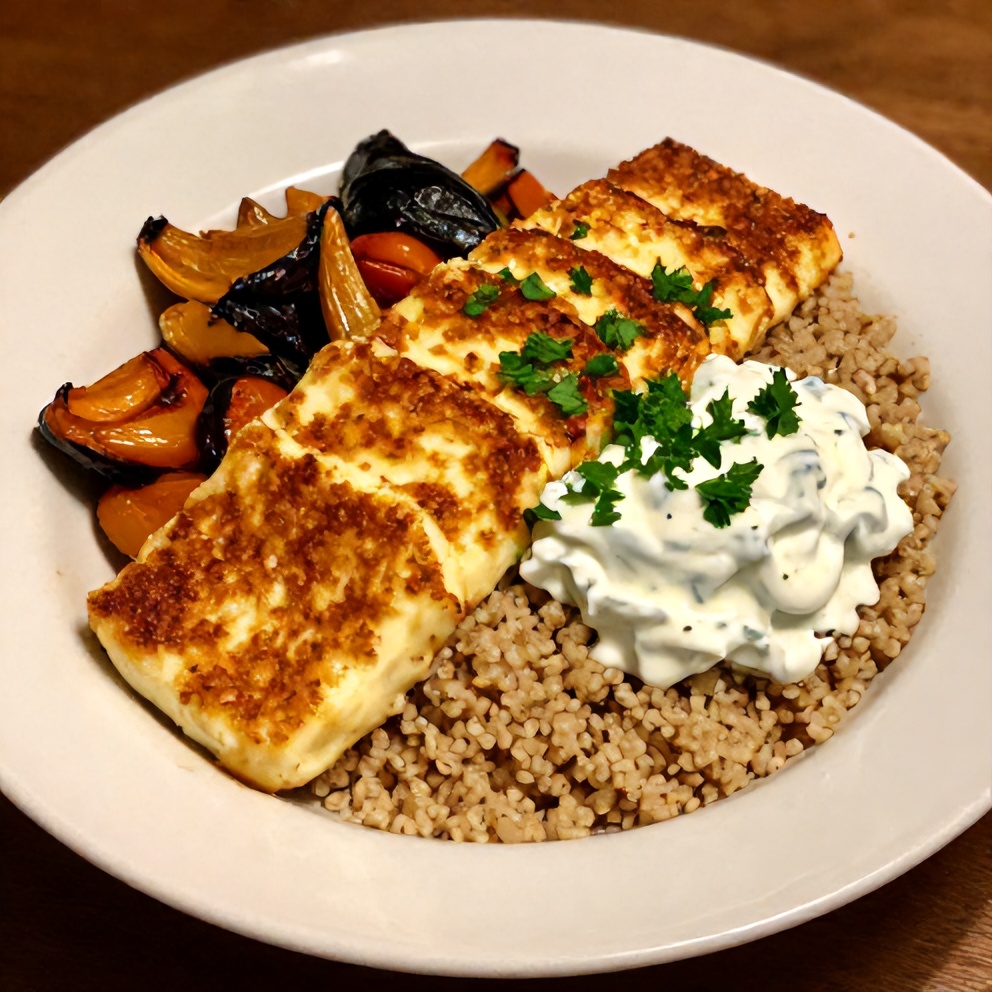 Plated Crispy Halloumi Greek Power Bowl