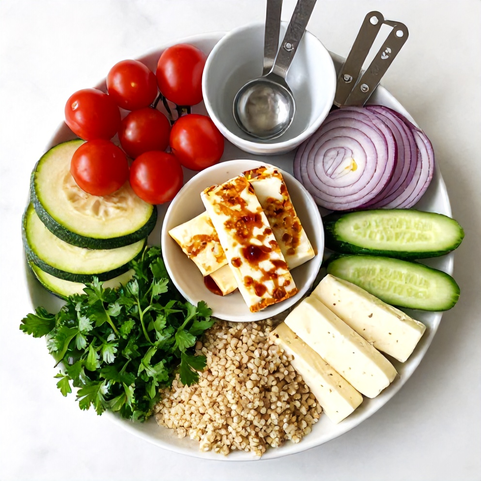 Raw ingredients for Crispy Halloumi Greek Power Bowl