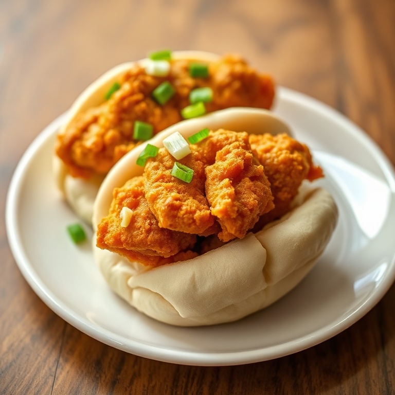 Perfectly plated Crispy Korean Fried Chicken Bao Buns. Garnished with green onions. White plate with warm lighting highlighting texture.