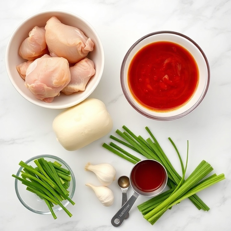 All raw ingredients for Crispy Korean Fried Chicken Bao Buns. Chicken, bao buns, sweet chili sauce, garlic, and green onions. Measuring tools and bowls visible on a white marble surface.