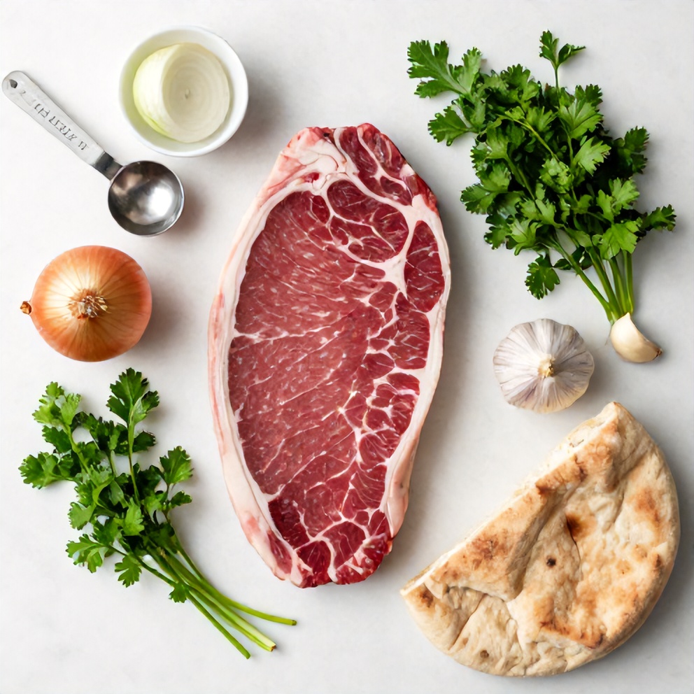 Raw beef, onions, parsley, garlic, and pita bread arranged in an overhead flat lay. Measuring spoons and bowls visible.