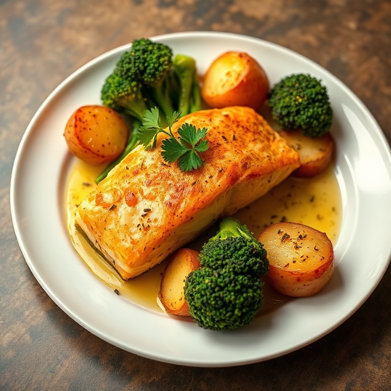 Crispy lemon butter salmon with roasted broccoli and golden potatoes