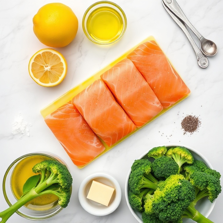 Lemon, butter, salmon fillets, potatoes, broccoli, garlic, olive oil, salt, pepper