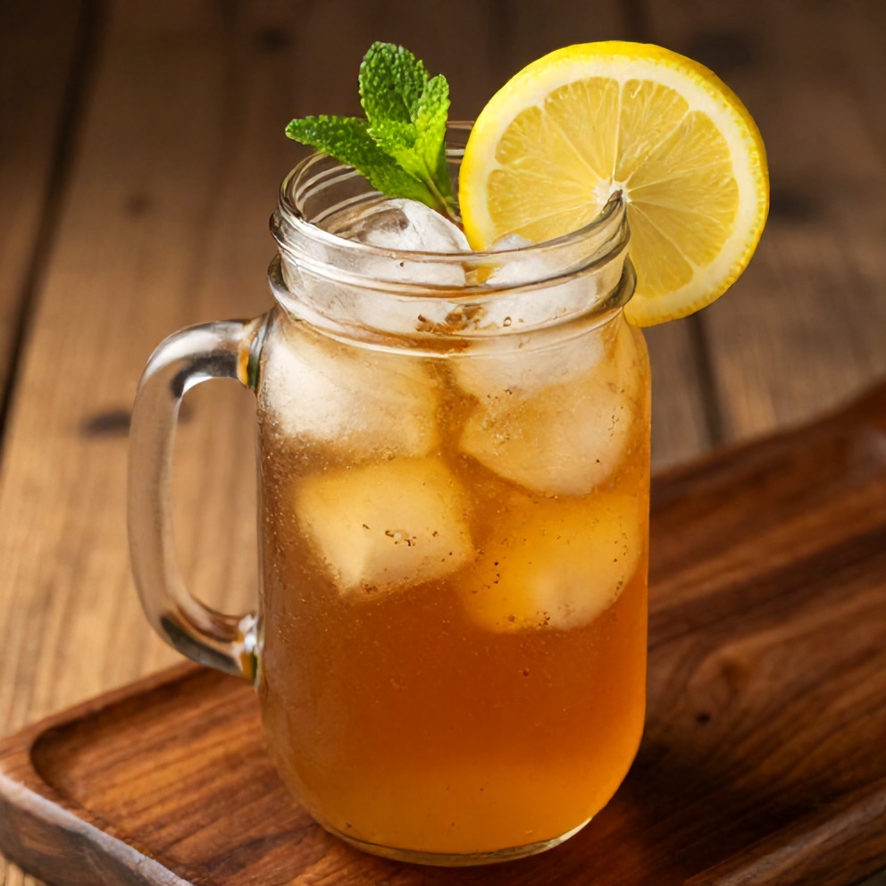 Crispy Lemon Verbena Iced Tea served in a mason jar with a lemon slice and mint sprig