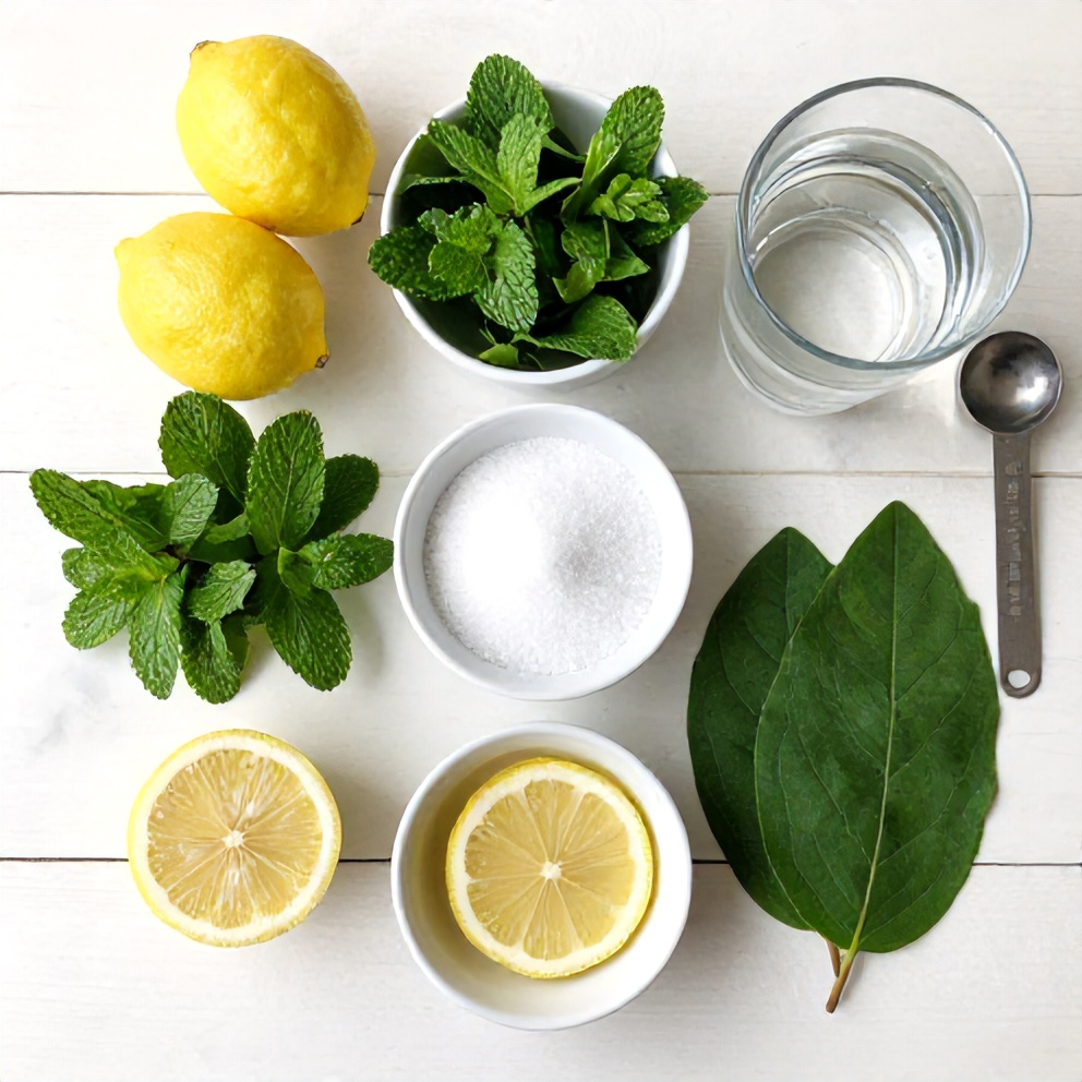 Raw ingredients for Crispy Lemon Verbena Iced Tea: lemons, fresh mint, sugar, water, lemon verbena leaves