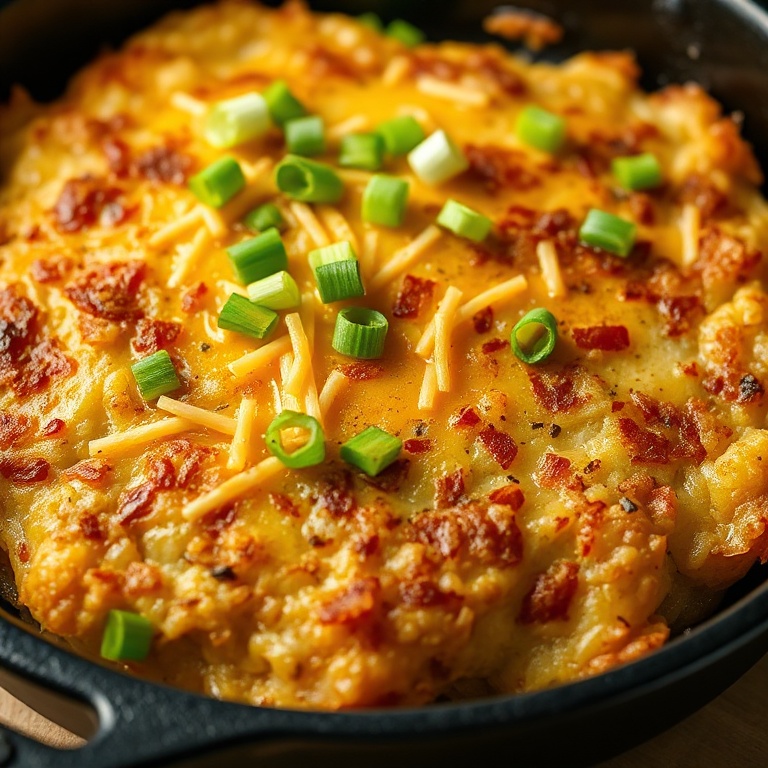 Crispy Loaded Hash Browns in a cast iron skillet. Topped with green onions and cheese. Warm lighting highlights texture.