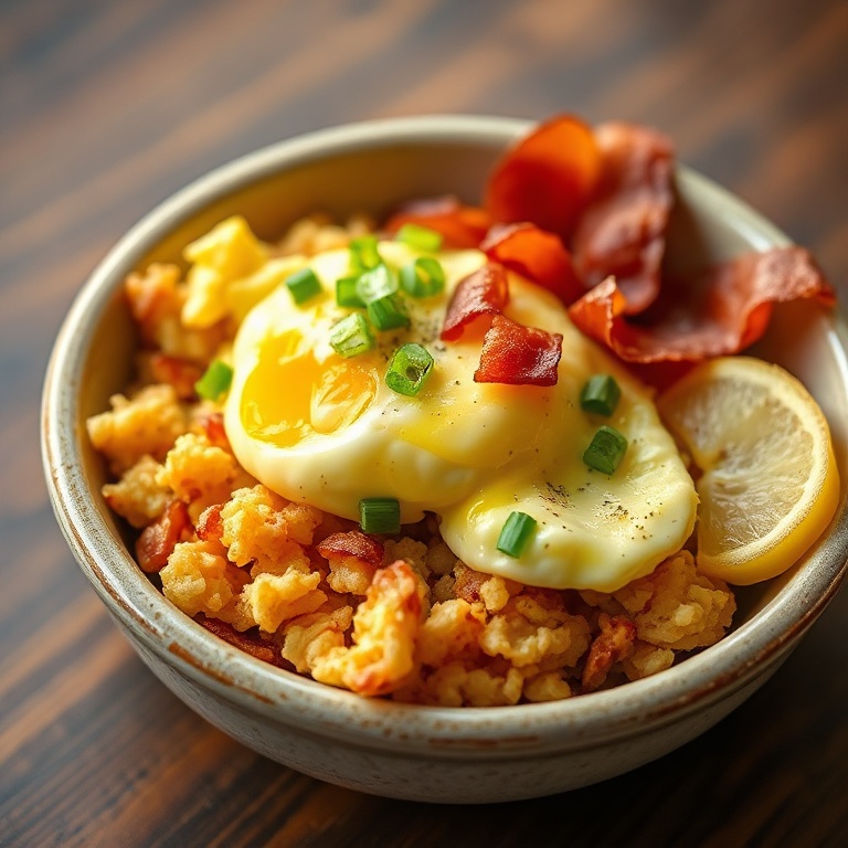 Crispy Loaded Hash Browns with Creamy Scrambled Eggs. Served in a ceramic bowl with a side of crispy bacon and fresh green onions.