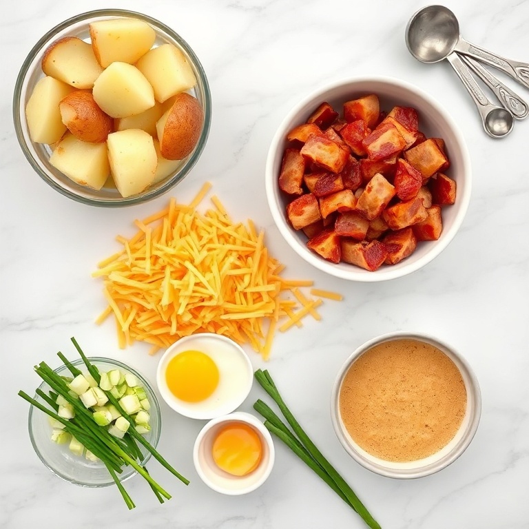 Potatoes, bacon, eggs, cheddar cheese, green onions, butter, salt, and pepper. Overhead flat lay on white marble surface.
