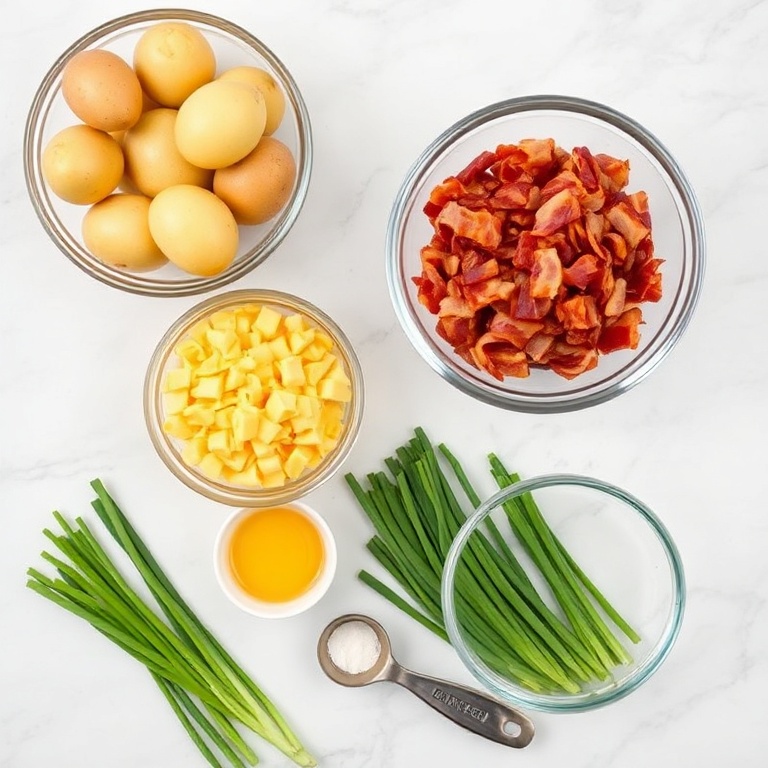 Raw ingredients for Crispy Loaded Hash Browns. Potatoes, eggs, cheddar cheese, bacon, green onions, butter, salt, and pepper.