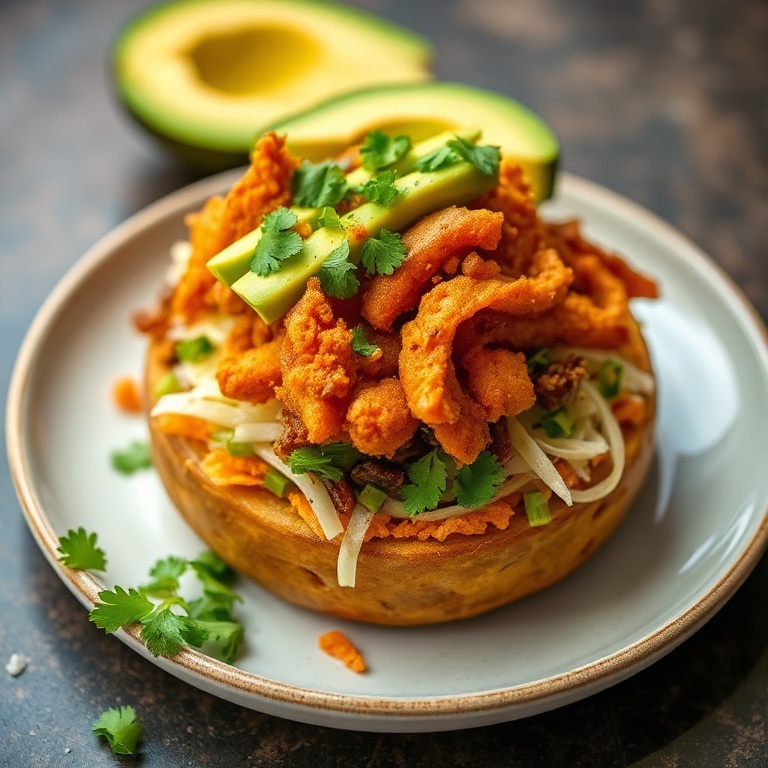 One perfect plated serving of Crispy Loaded Potato Taco Bowl. Garnished with avocado and fresh herbs. Close crop showing texture and layers. Warm lighting.