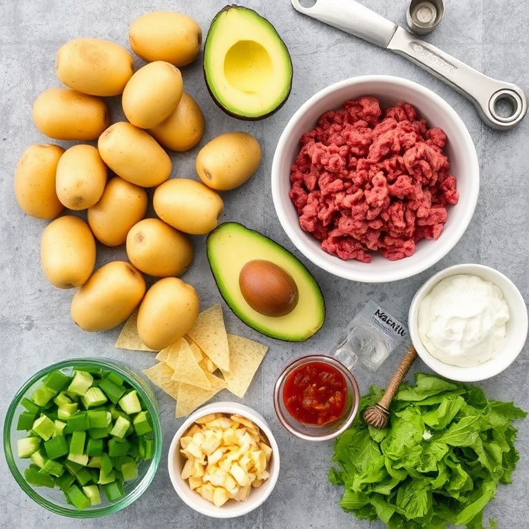 Raw ingredients for Crispy Loaded Potato Taco Bowl arranged in an overhead flat lay. Potatoes, ground beef, avocado, tortilla chips, lettuce, and toppings. Measuring tools and bowls visible.