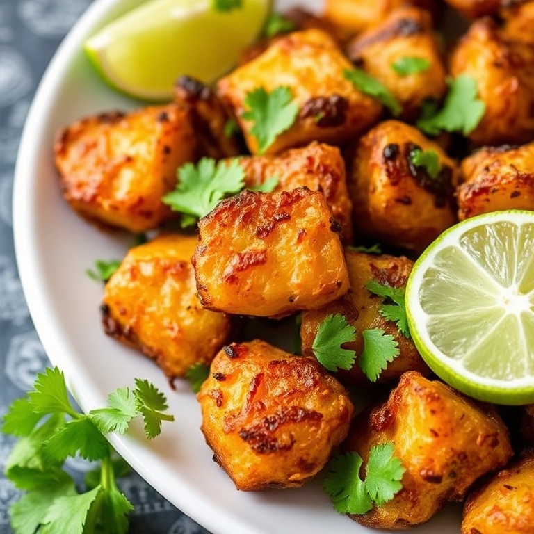 Crispy Mexican Roasted Potatoes on a white plate. Garnished with cilantro and lime. Close-up showing texture and color.