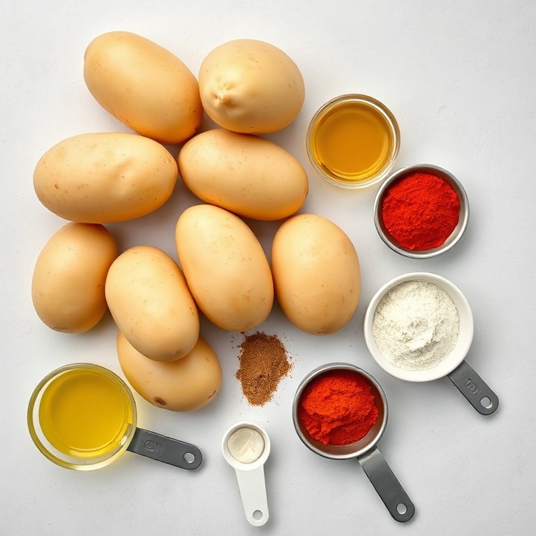 Raw potatoes, garlic, olive oil, cumin, chili powder, and paprika arranged in an overhead flat lay. Measuring spoons and bowls visible. Bright even light.