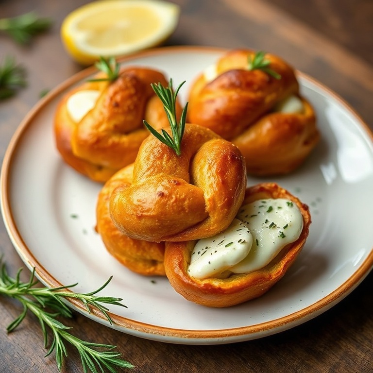 One perfect plated serving of Crispy Mozzarella Stuffed Pretzels. Garnished with fresh rosemary. Warm side lighting highlights the texture.