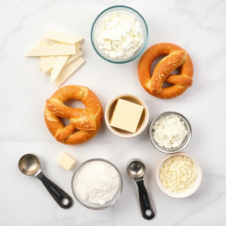 Raw ingredients for Crispy Mozzarella Stuffed Pretzels arranged in an overhead flat lay. Mozzarella, flour, yeast, butter, and Parmesan visible. Measuring spoons and bowls included.