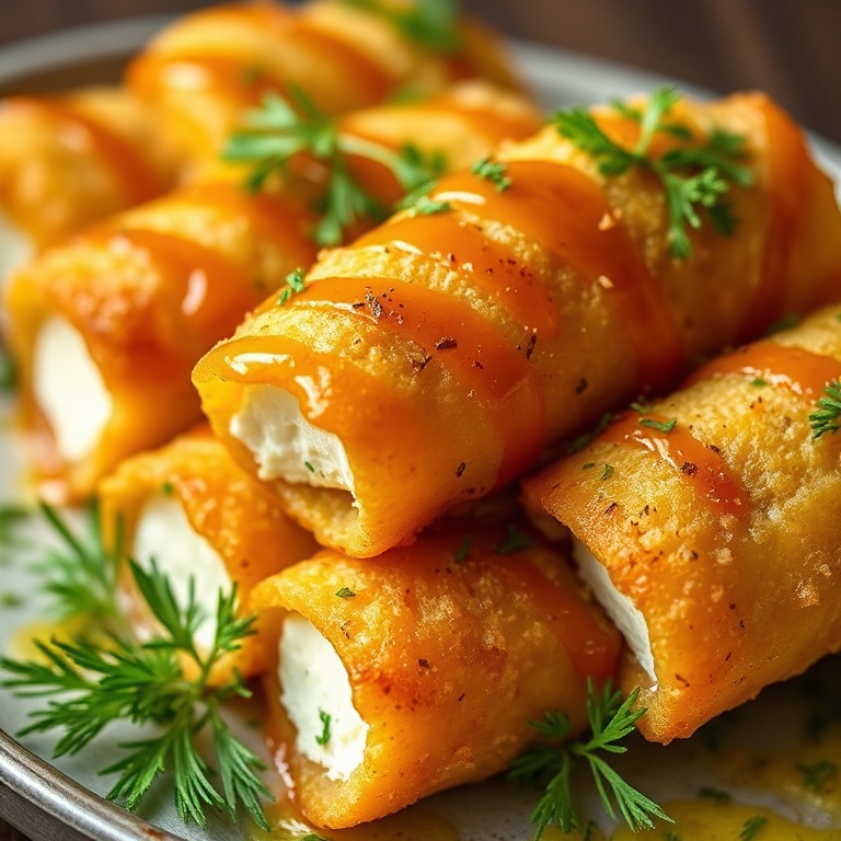 Crispy Oven Fried Feta Rolls with Spicy Honey Drizzle. Golden, juicy, and perfectly drizzled.