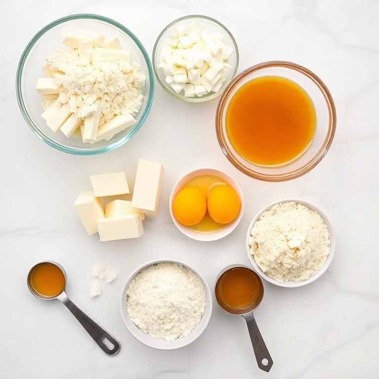 Raw ingredients for Crispy Oven Fried Feta Rolls. Feta cheese, flour, eggs, breadcrumbs, and honey.