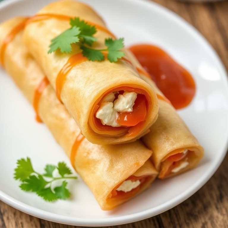 Crispy Phyllo Rolls with Feta and Sweet Chili Honey. Served on a white plate. Garnished with cilantro. Close crop showing layers and texture.