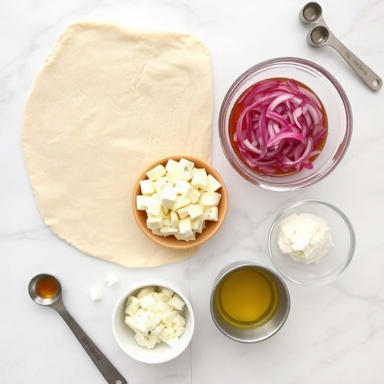 Raw ingredients for Crispy Phyllo Rolls with Feta and Sweet Chili Honey. Phyllo dough, feta cheese, sweet chili honey, olive oil, and red onion. Measuring spoons and bowls visible. White marble surface.