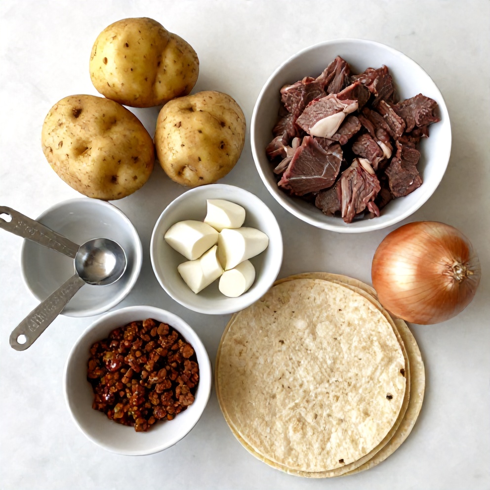 Raw ingredients for Pot Birria Tacos including potatoes, beef, and spices