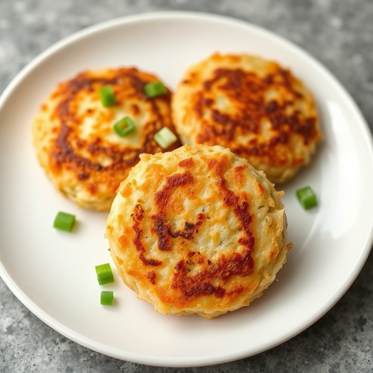 Crispy Rice Patties plated on a white plate with a garnish of green onions, close crop showing texture and color