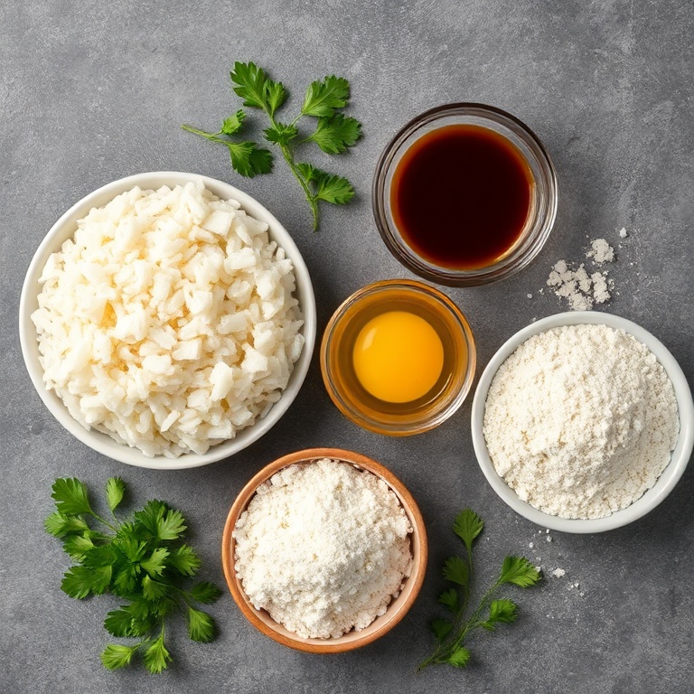Raw ingredients for Crispy Rice Patties arranged in an overhead flat lay. Rice, soy sauce, eggs, flour, and breadcrumbs are visible