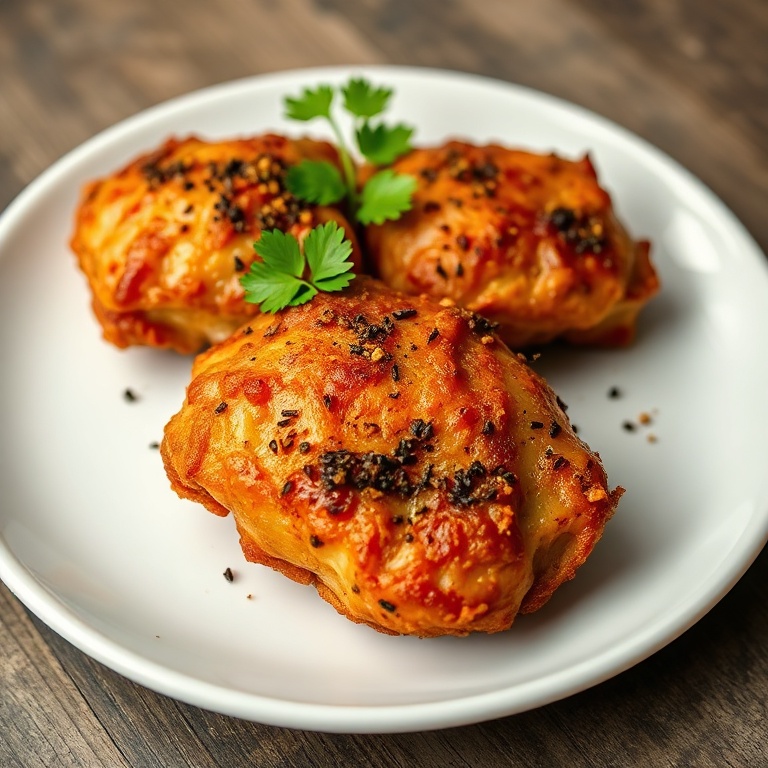 Crispy Salt and Pepper Chicken on a white plate, garnished with fresh parsley, close crop showing crispy coating and juicy meat, warm side lighting, photorealistic food photography