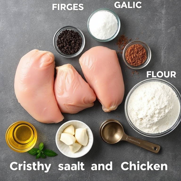 All raw ingredients for Crispy Salt and Pepper Chicken arranged in an overhead flat lay. Chicken thighs, black pepper, salt, flour, oil, and garlic visible. Measuring cups and spoons nearby