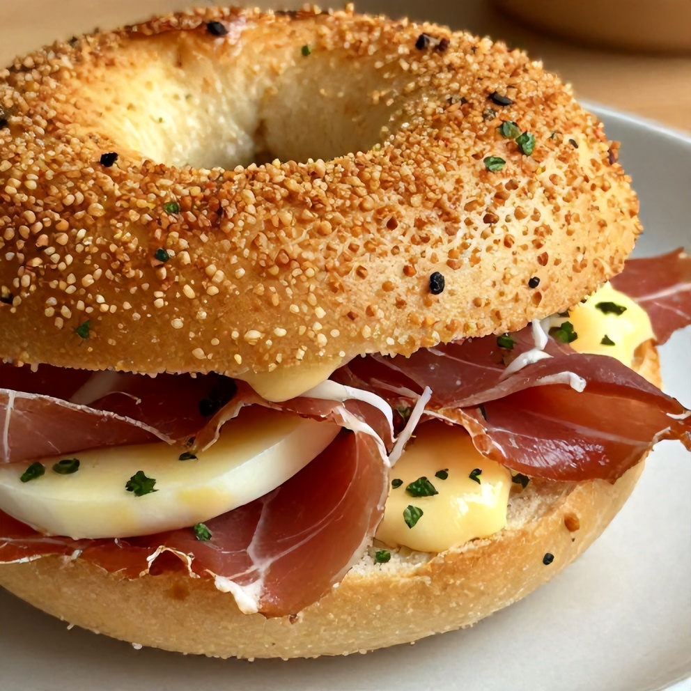 Crispy Savory Bagel with egg prosciutto and garlic butter. Garnished with fresh herbs. Close crop showing texture. Warm side lighting. Photorealistic food photography style.