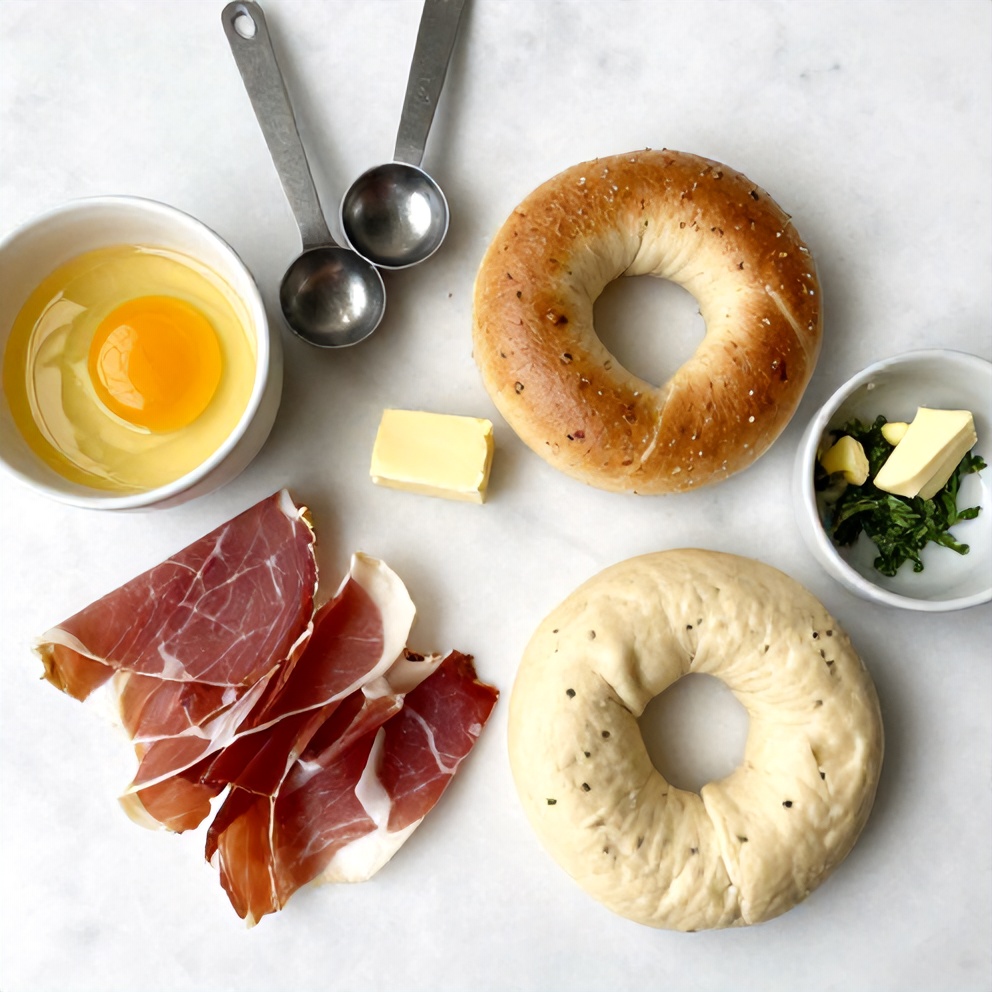 All raw ingredients for Crispy Savory Bagels. Bagel dough, prosciutto, egg, garlic butter, and fresh herbs. Measuring spoons and bowls visible. White marble surface. Bright even natural light. Photorealistic overhead food photography.