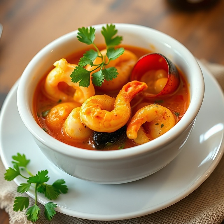 Seafood Stew with Rouille sauce in a white bowl. Topped with fresh parsley. Close crop. Warm lighting. No text. No watermark.