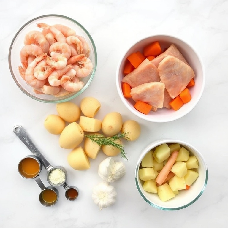 Raw ingredients for Crispy Seafood Stew with Rouille. Shrimp, fish fillets, potatoes, carrots, and garlic. Measuring spoons and bowls. White marble surface. Bright even light. No text. No watermark.
