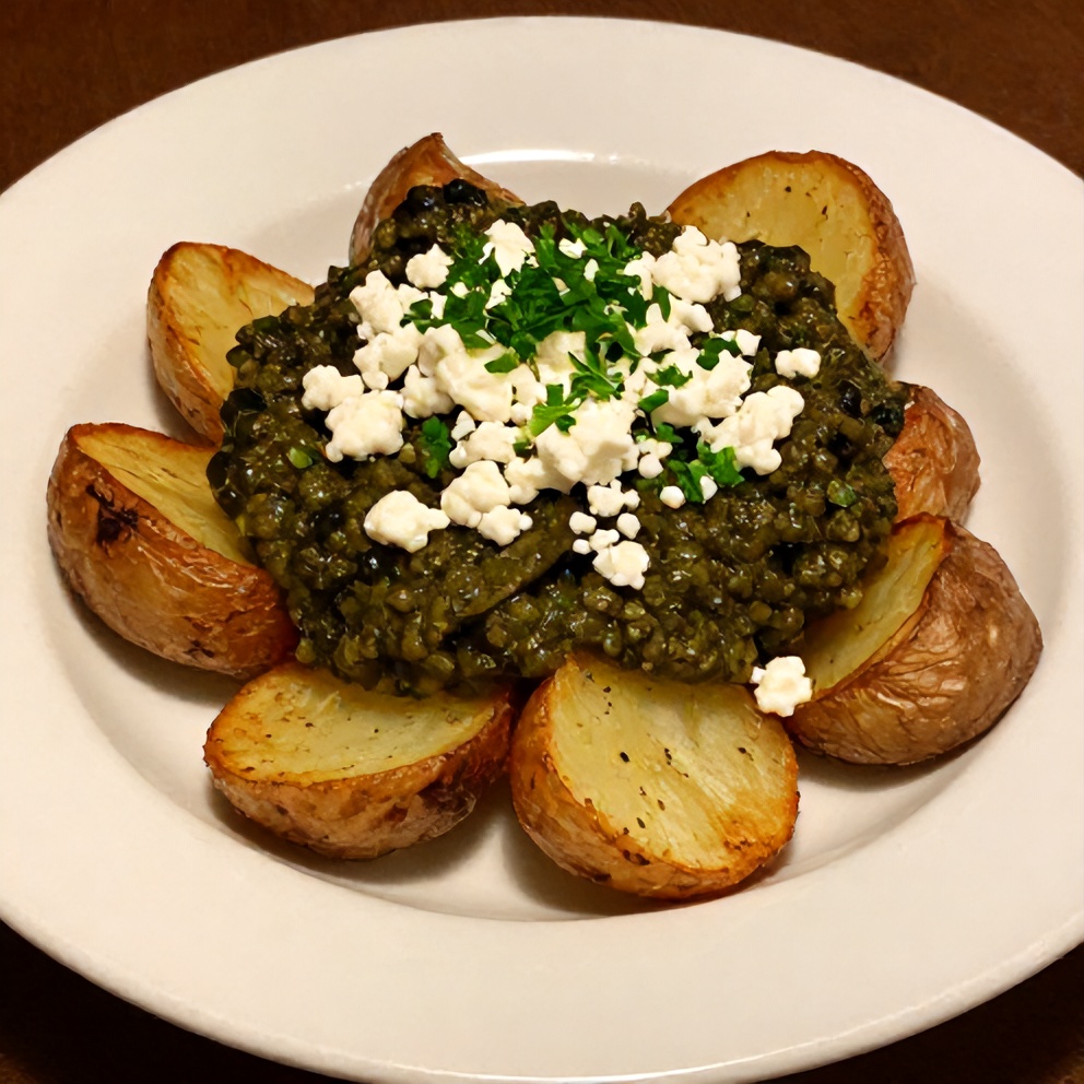 Plated crispy smashed potatoes with olive tapenade