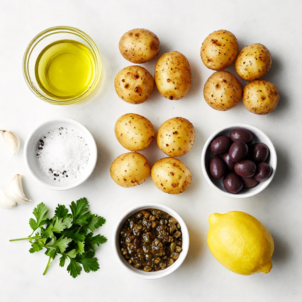 Raw ingredients for crispy smashed potatoes with olive tapenade