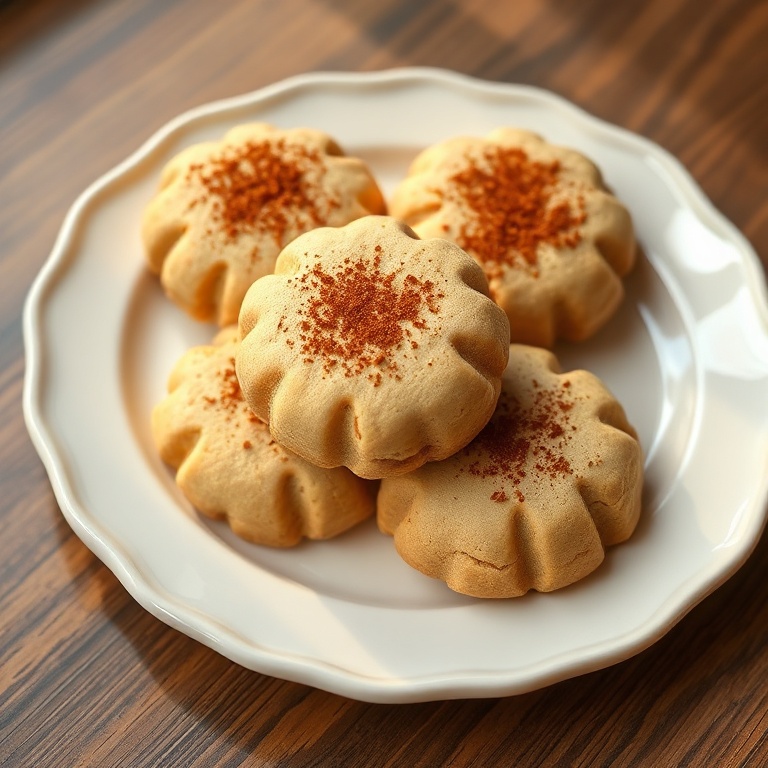 Speculaas Cookies on a wooden plate. Cinnamon sprinkled on top. Warm side light highlights texture.