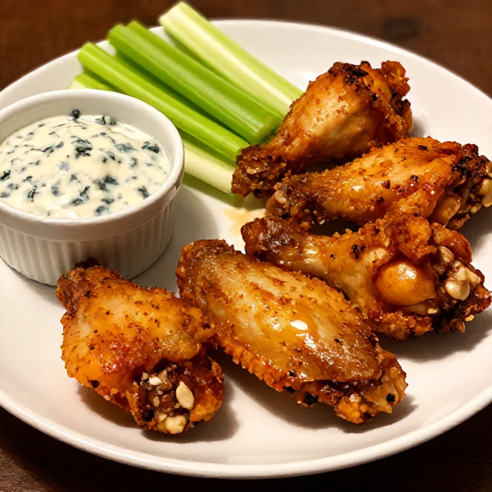 Plated serving of crispy spicy oven baked chicken wings