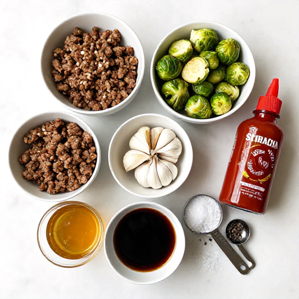 Raw Ingredients for Spicy Pork Brussels Sprouts Bowls