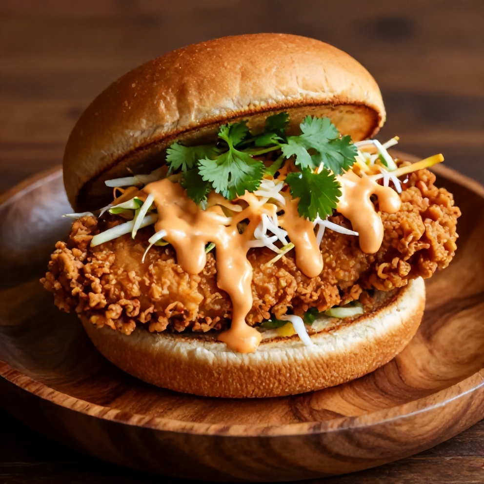 Thai Fried Chicken Sandwich plated with slaw and spicy mayo