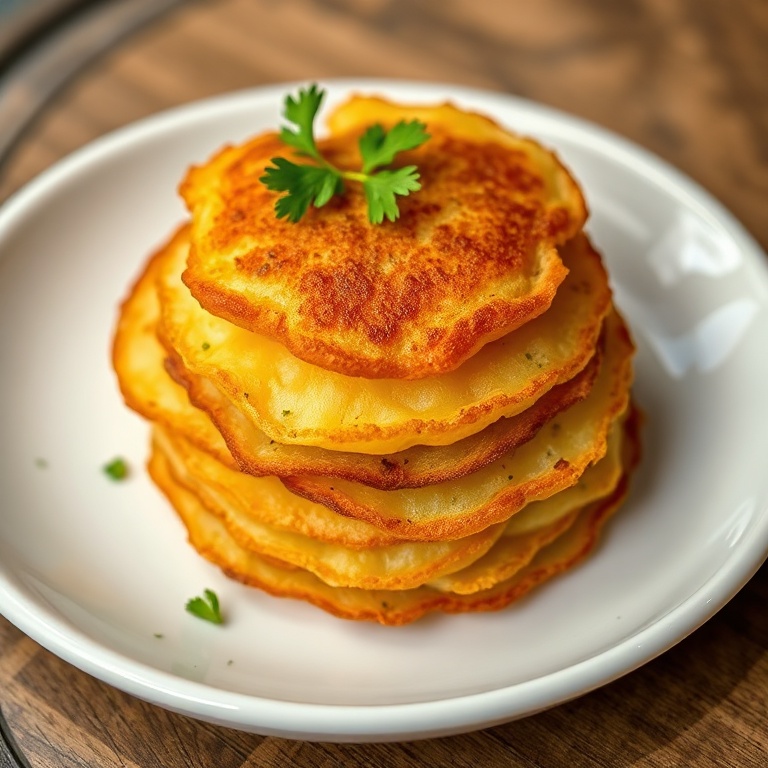 Crispy Thousand Layer Potatoes plated on a white dish. Garnished with parsley. Close crop showing golden crispy edges. Warm side lighting highlighting texture. Photorealistic food photography style.