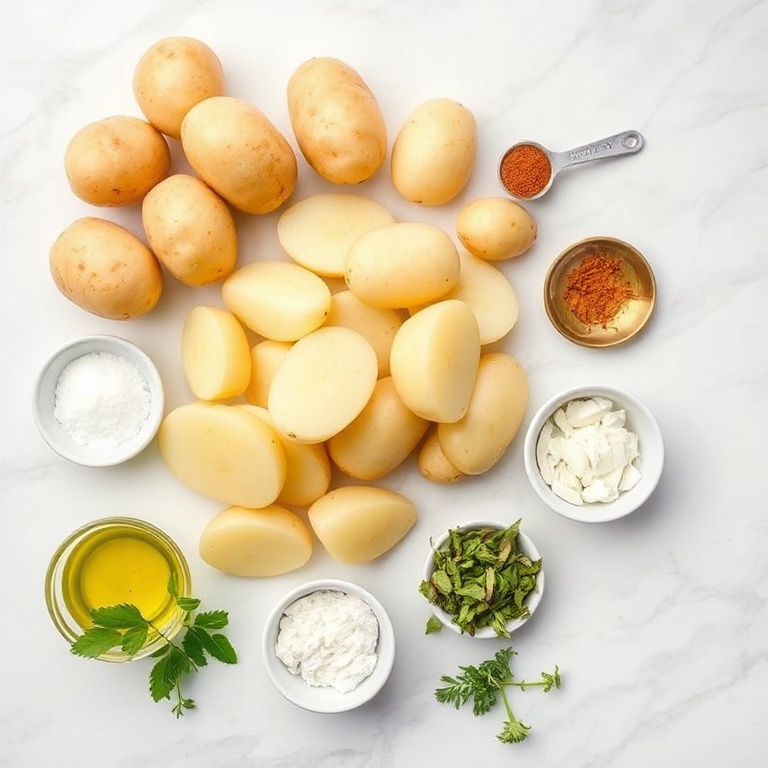 Raw ingredients for Crispy Thousand Layer Potatoes in an overhead flat lay. Potatoes, oil, salt, garlic, and herbs visible. Small prep bowls and measuring spoons nearby. White marble surface. Bright even light. Photorealistic food photography style.