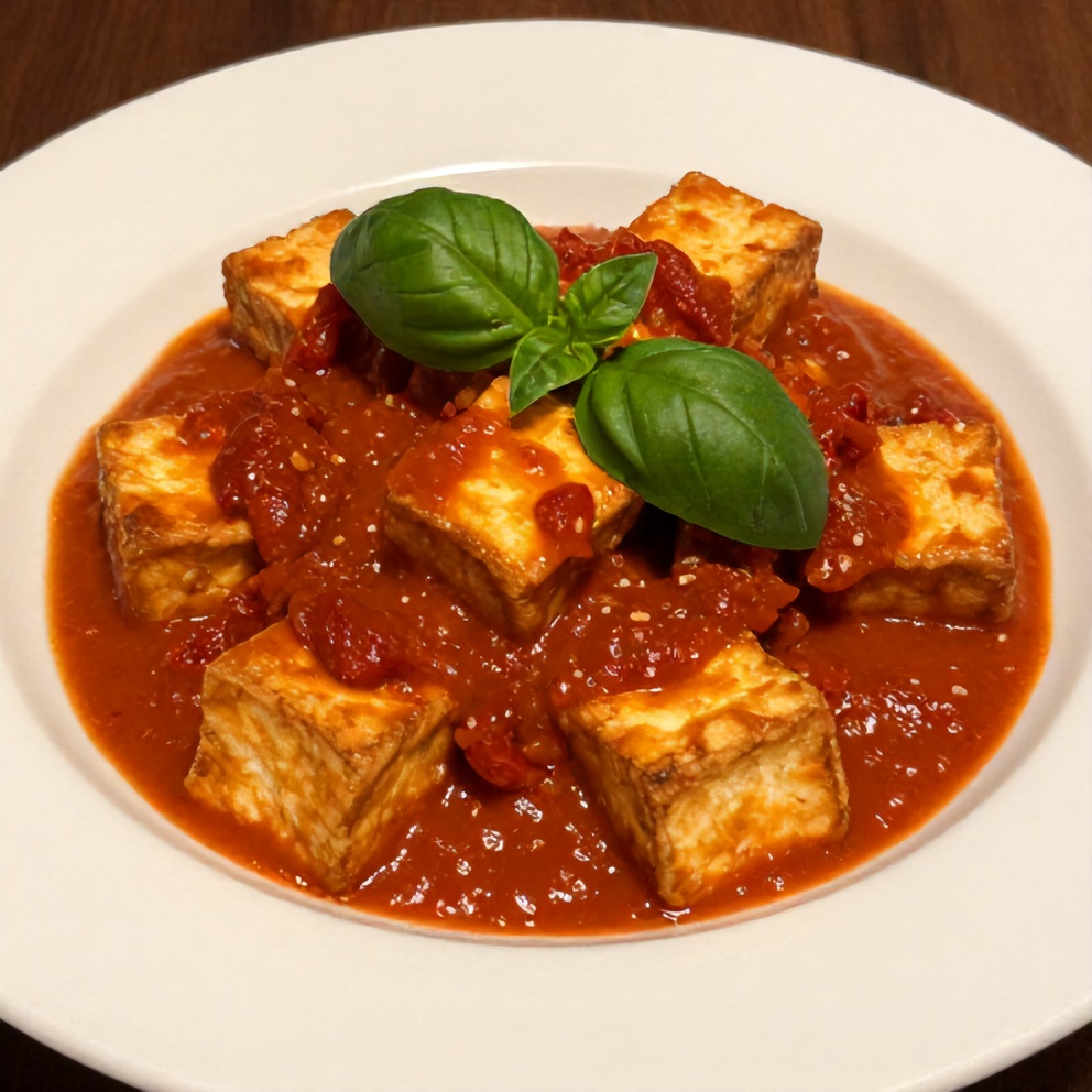 Plated crispy tofu in creamy sun-dried tomato sauce