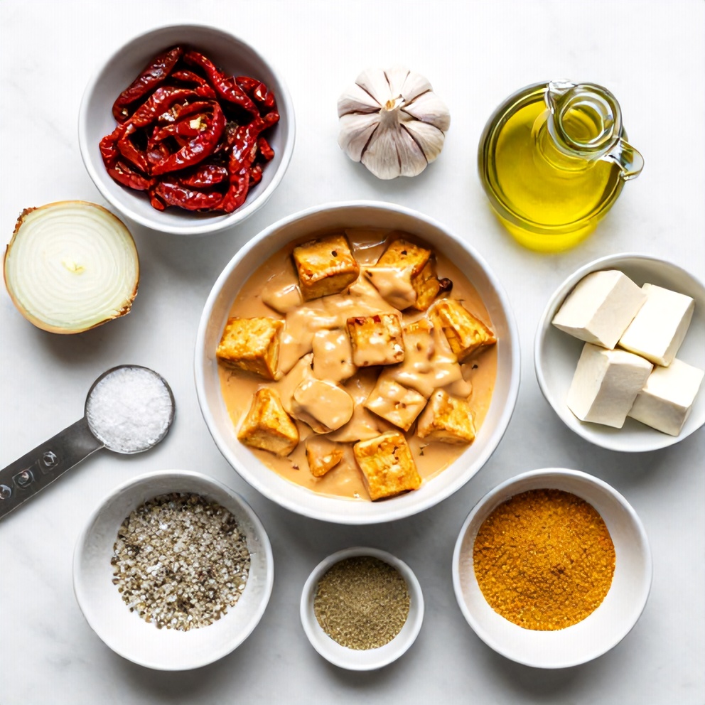 Raw ingredients for crispy tofu in creamy sun-dried tomato sauce