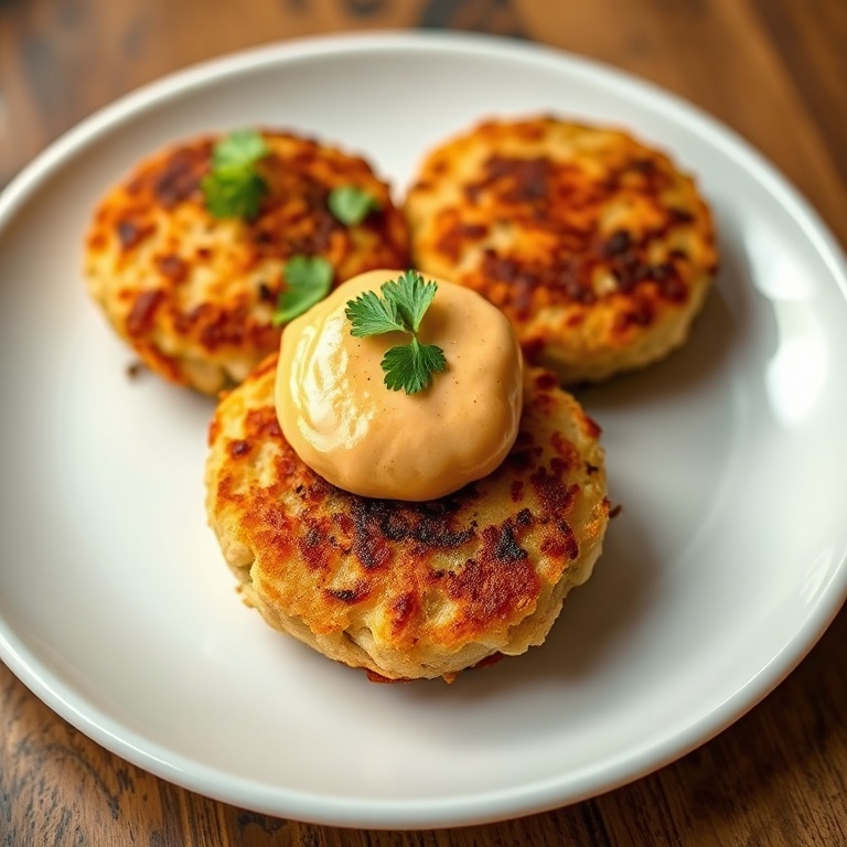 Crispy Tuna Cakes plated. Topped with Spicy Mayo. Garnished with cilantro. Served on a white plate. Warm side lighting shows texture.