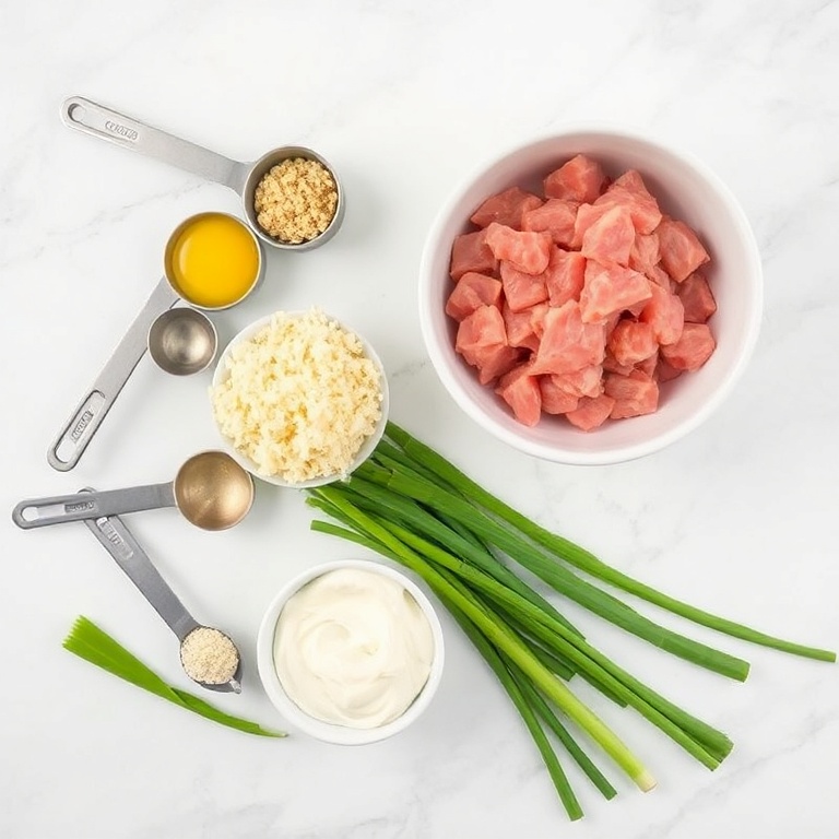 Raw ingredients for Crispy Tuna Cakes. Tuna, breadcrumbs, egg, mayonnaise, and green onion. Measuring spoons and bowls visible. White marble surface.
