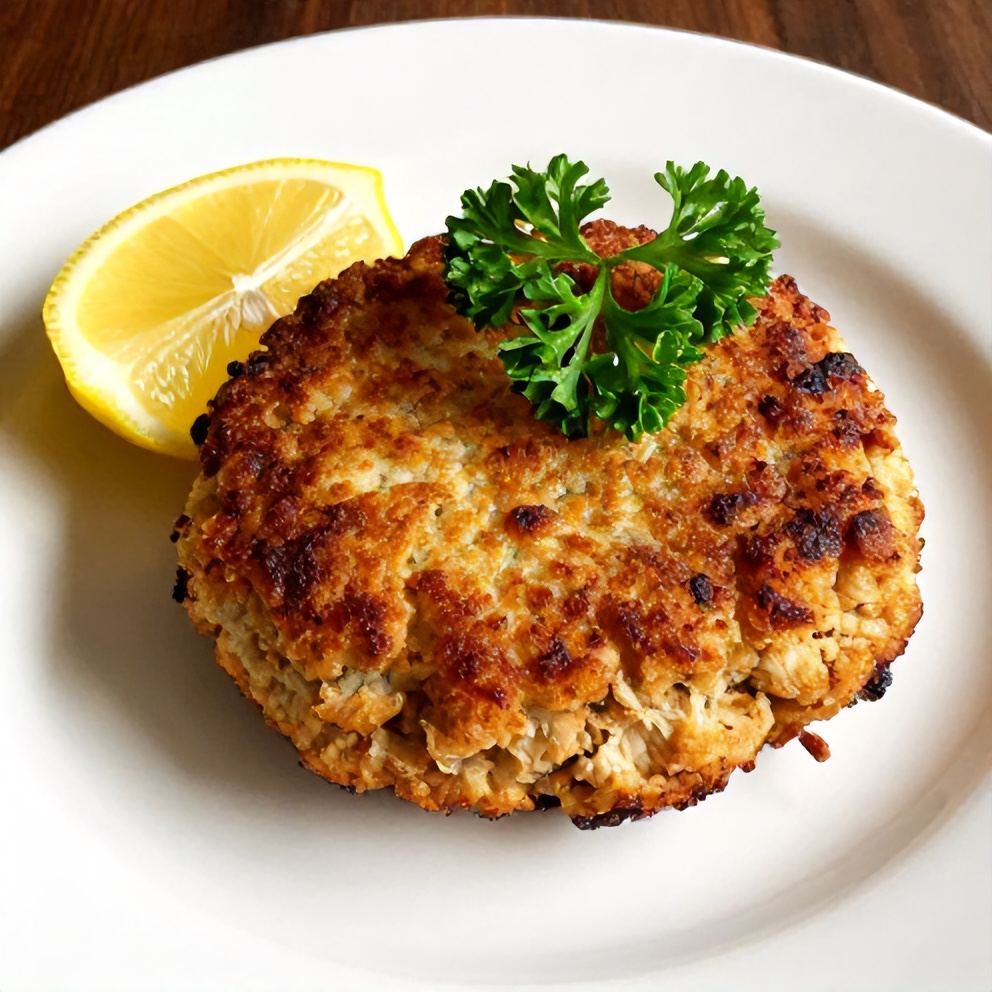 Plated Crispy Tuna Patties with lemon wedge