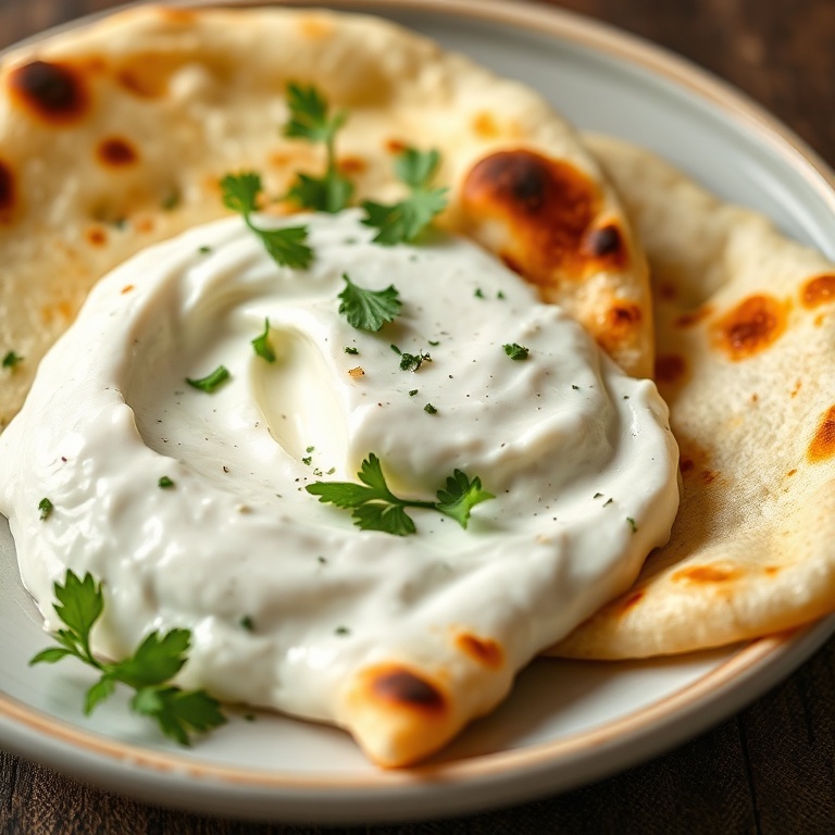 Plated Greek yogurt naan. Garnished with fresh herbs. Close-up of golden edges and soft interior.