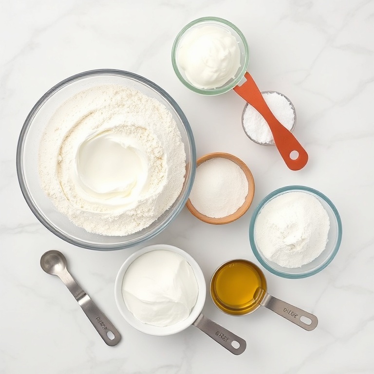Raw ingredients for Greek yogurt naan. Flour, yogurt, baking powder, salt, and oil. Measuring spoons and bowls visible.